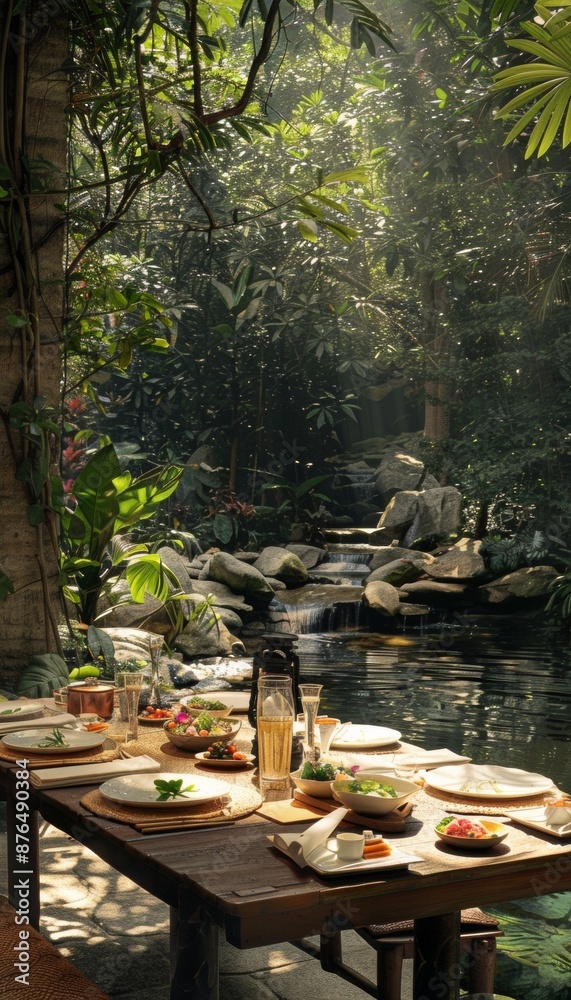 Chef and culinary masterpieces shine in serene garden lunch setup, harmonizing gastronomy Chef and culinary masterpieces shine in serene garden lunch setup, harmonizing gastronomy