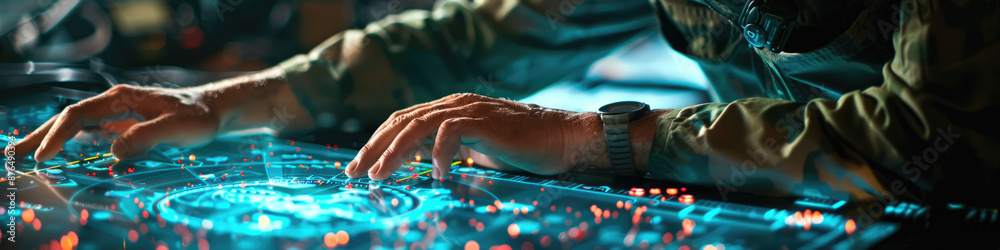 A soldier's hands interact with a glowing, futuristic technology interface A soldier's hands interact with a glowing, futuristic technology interface