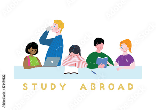 Wallpaper Mural 留学先の学校で白人や黒人のいろいろな国の友達とグループで机に座り勉強する日本人女性のイラスト　フラット
 Torontodigital.ca