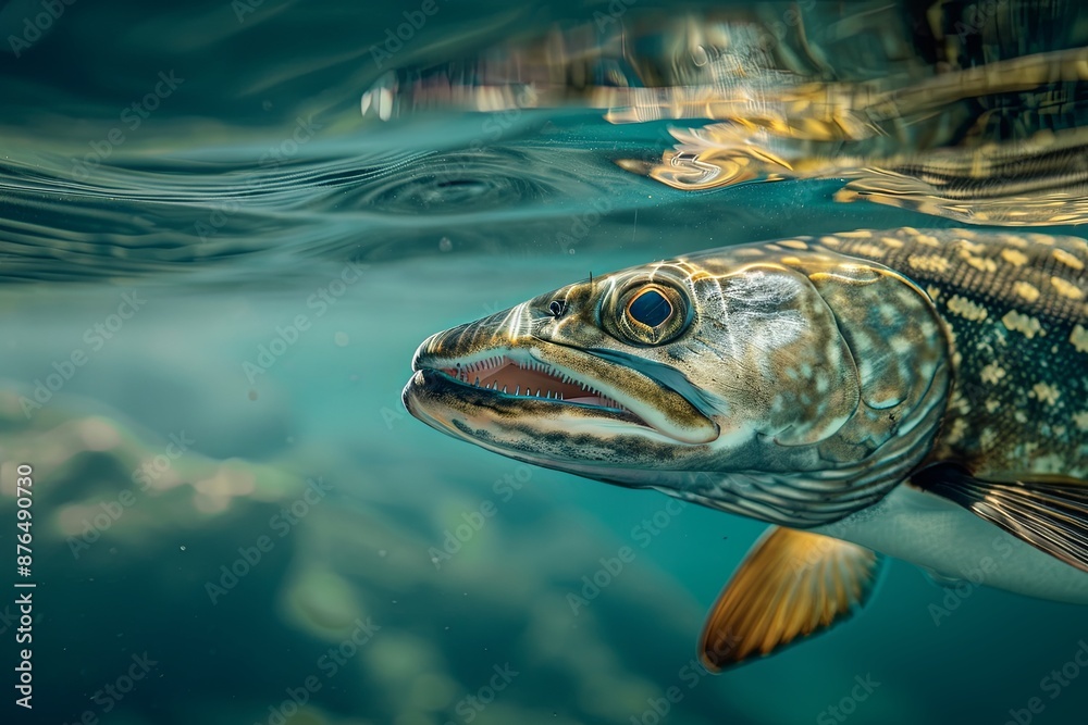 Fototapeta premium Underwater View of a Pike Swimming Near the Surface
