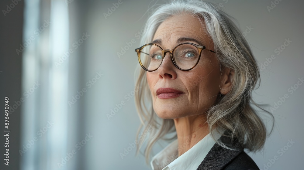 A senior businesswoman looking out the window with a sad and contemplative face, isolated on white background. Generative AI. A senior businesswoman looking out the window with a sad and contemplative face, isolated on white background. Generative AI.