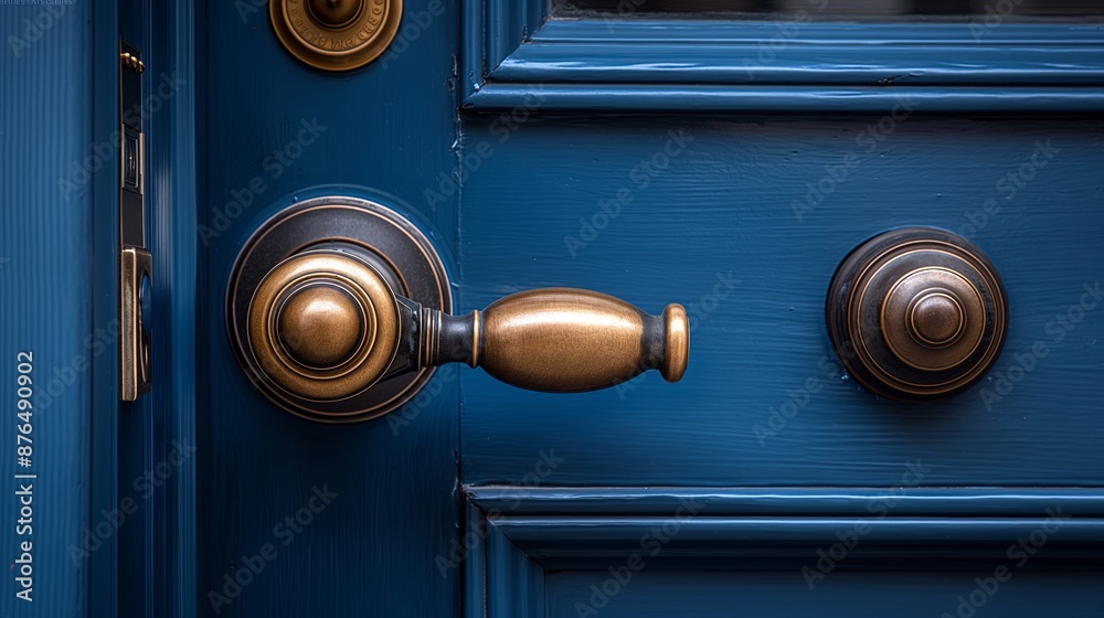 Fototapeta premium Blue Door with Brass Handle and Lock, Perfect for Home and Security Themes