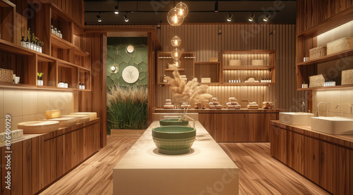 The Japanese design of the pet skin care products store is simple and elegant. The walnut wood grain wall is matched with hexagonal lamps. In front of it is a large green wash basin. Generative AI.