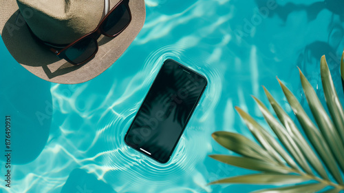 A mockup of a blank iPhone screen sitting on top of water, with sunglasses and a hat floating around the phone