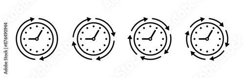 Arrows rotating around analog clock. rotating arrow signs and clock concept. two, four, five, six rotating arrow symbols and wall clock