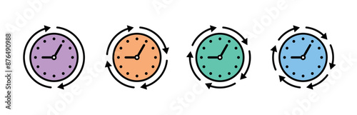 arrows rotating around colorful clocks. rotating arrow signs and clock concept. two, four, five, six rotating arrow symbols and wall clock