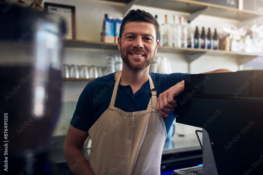 Waiter, man or smile on portrait in coffee shop for customer service, hospitality or cafe startup. Small business, barista or happy server at counter with ready to welcome, bistro management or pride Waiter, man or smile on portrait in coffee shop for customer service, hospitality or cafe startup. Small business, barista or happy server at counter with ready to welcome, bistro management or pride
