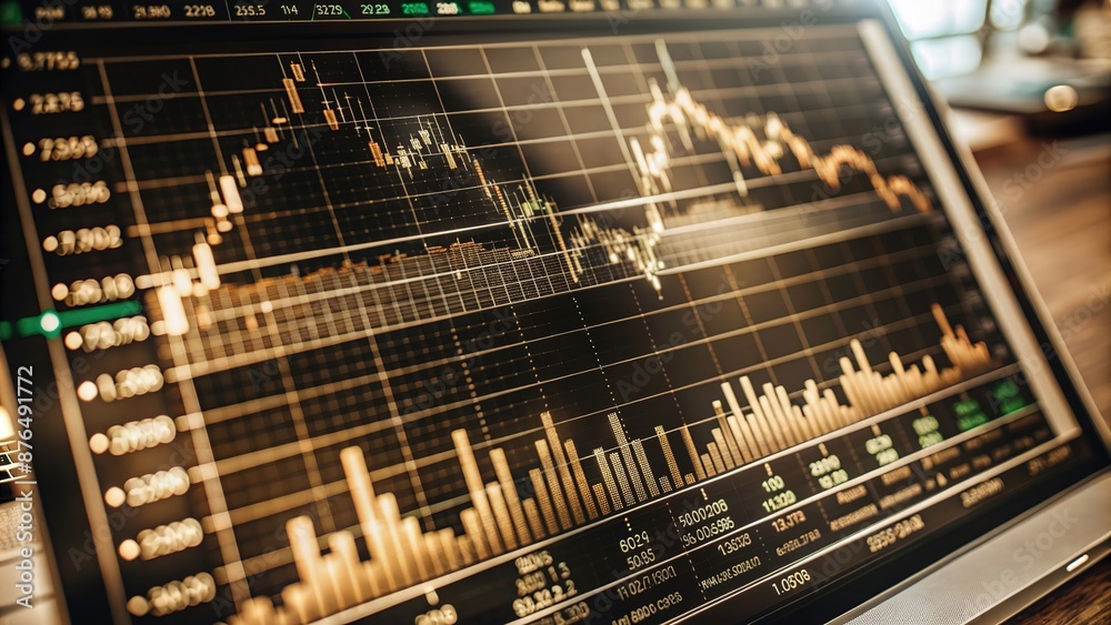 Stock market graph and bar chart price display. Data on live computer screen. Display of quotes pricing graph visualization. Abstract financial background trade colorful Stock market graph and bar chart price display. Data on live computer screen. Display of quotes pricing graph visualization. Abstract financial background trade colorful