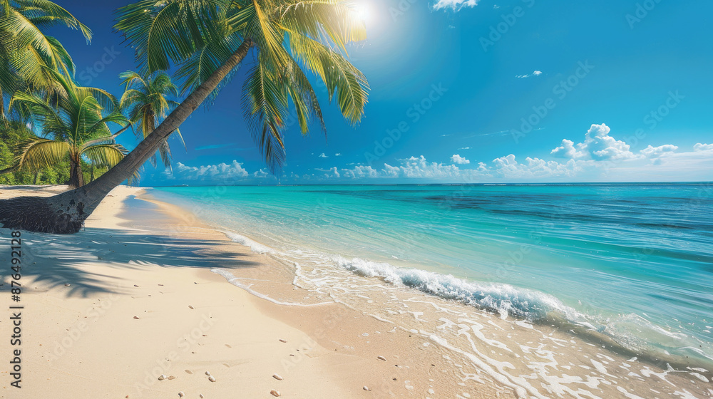 Fototapeta premium Escape to paradise this summer with a blissful beach vacation. Pristine sands, swaying palm trees, and turquoise waters await your arrival.