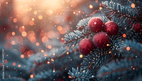 A close up of a pine tree with berries on it ,christmas background with christmas tree © Micro