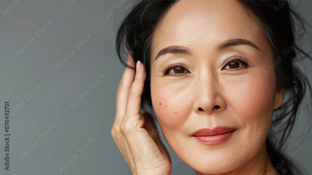 Middle-aged Asian woman with natural makeup shows off her beautiful skin. She takes care of her skin and uses products to keep it looking young and healthy. Middle-aged Asian woman with natural makeup shows off her beautiful skin. She takes care of her skin and uses products to keep it looking young and healthy.