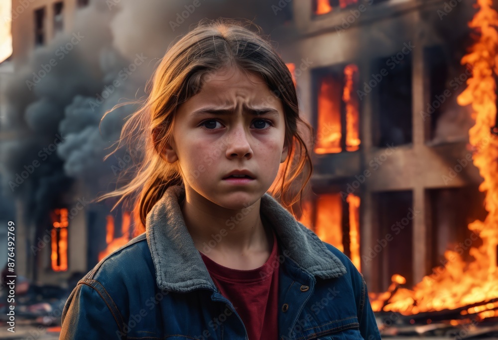 Obraz premium Child in Distress Amidst Flames