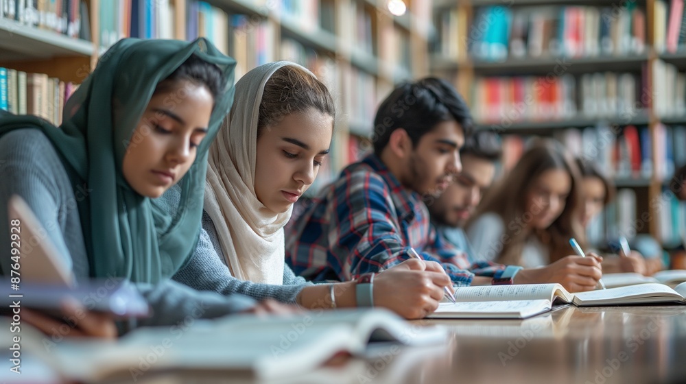 University students sitting together at table with books and laptop. Happy young people doing group study in library. University students sitting together at table with books and laptop. Happy young people doing group study in library.