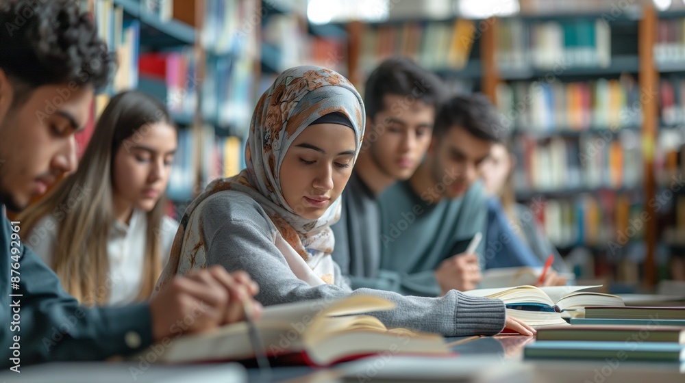 University students sitting together at table with books and laptop. Happy young people doing group study in library. University students sitting together at table with books and laptop. Happy young people doing group study in library.