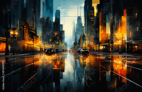 A city street with cars and a reflection of the city in the water