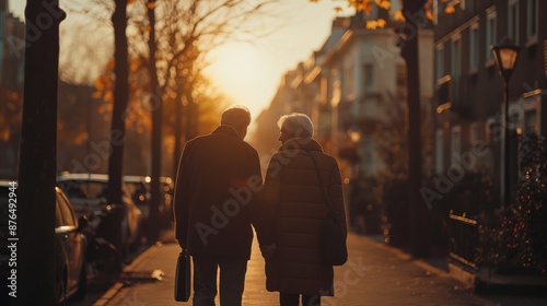 mature couple walking in autumn day, Elderly couple walking hand in hand down the street