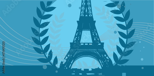 Paris , Eifel tower surrounded by laurel wreath, victory, sports - blue vector background with empty space for text, banner
