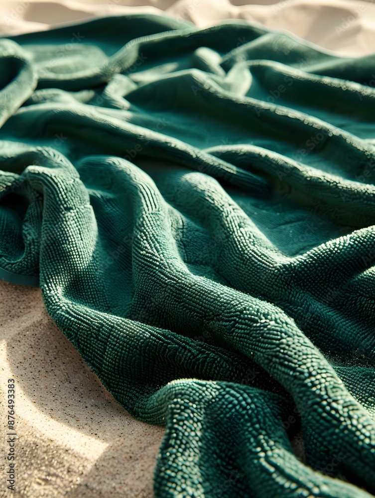 Close up of a dark green Towel on sandy Beach. Beautiful Vacation Wallpaper Close up of a dark green Towel on sandy Beach. Beautiful Vacation Wallpaper
