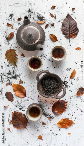 Teapot, cups, bowl dry tea, scattered leaves against white grunge backdrop, serene tea setting