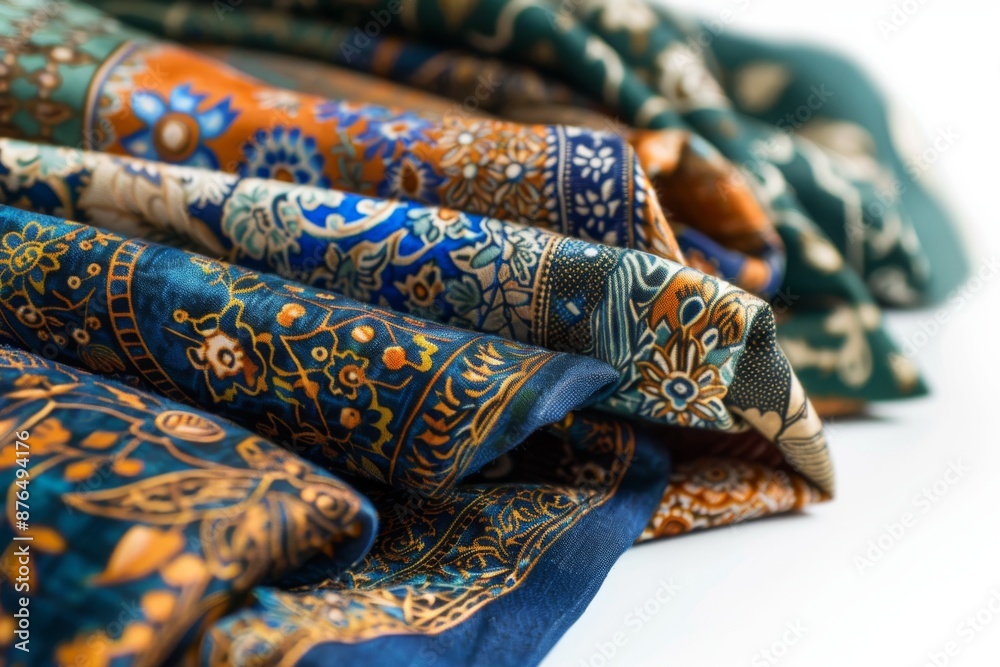 Intricate batik scarves in various colors and patterns, traditionally worn during Eid al-Fitr celebrations in Indonesia. The close-up shot showcases the detailed designs and craftsmanship. Intricate batik scarves in various colors and patterns, traditionally worn during Eid al-Fitr celebrations in Indonesia. The close-up shot showcases the detailed designs and craftsmanship.