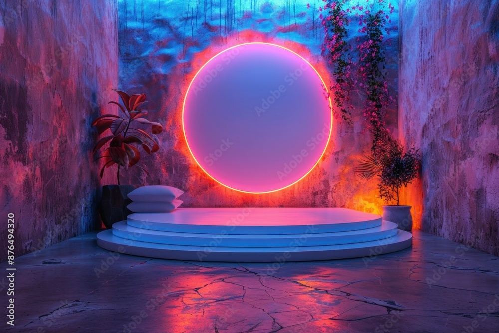 Obraz premium Futuristic Tech Podium with Circle Glow Effect in White Design Studio