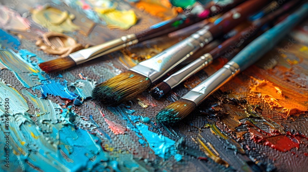 A group of paintbrushes are laid out on a canvas with a variety of colors, generative AI A group of paintbrushes are laid out on a canvas with a variety of colors, generative AI