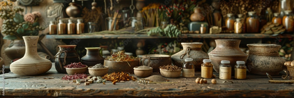 Traditional herbal pharmacy scene with organic cosmetics, dried herbs, incense Traditional herbal pharmacy scene with organic cosmetics, dried herbs, incense