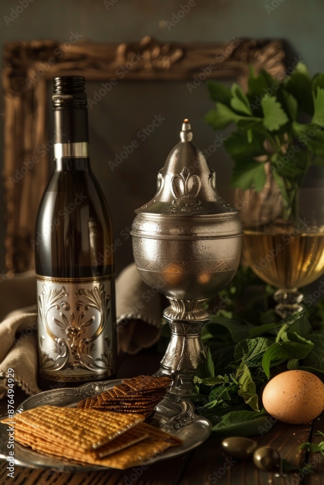 Traditional Passover table setting: silver kearah, wine, matzo, egg, greens Warm, cozy evening Traditional Passover table setting: silver kearah, wine, matzo, egg, greens Warm, cozy evening