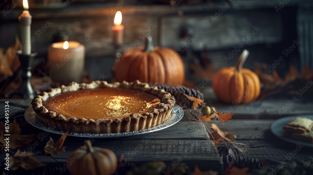 Naklejka premium Pumpkin pie. Cozy environment. Autumn background