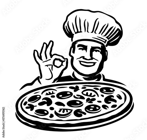 Chef cook holding pizza and giving ok delicious gesture. Italian food restaurant emblem. Vector illustration