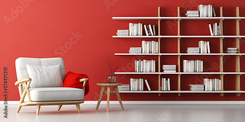 Red background, white bookshelve, and white armchair in a bright, modern living room interior with a stylish red accent wall.