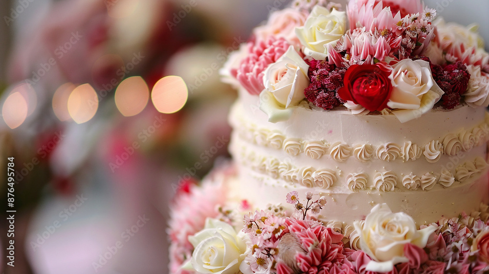concept love and share life together - close up wedding cake with roses concept love and share life together - close up wedding cake with roses