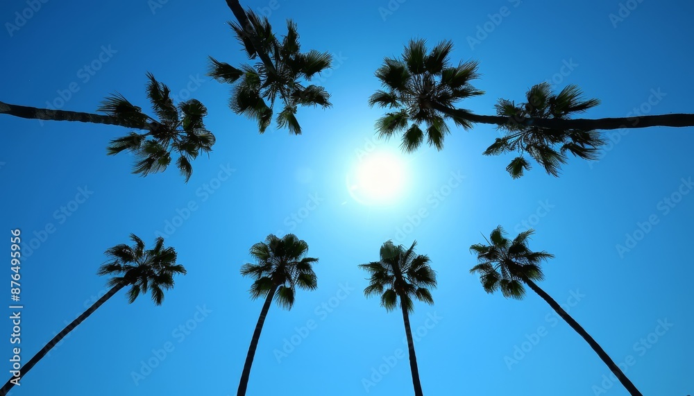Fototapeta premium Low Angle View of Towering Palm Trees Against a Bright Blue Sky