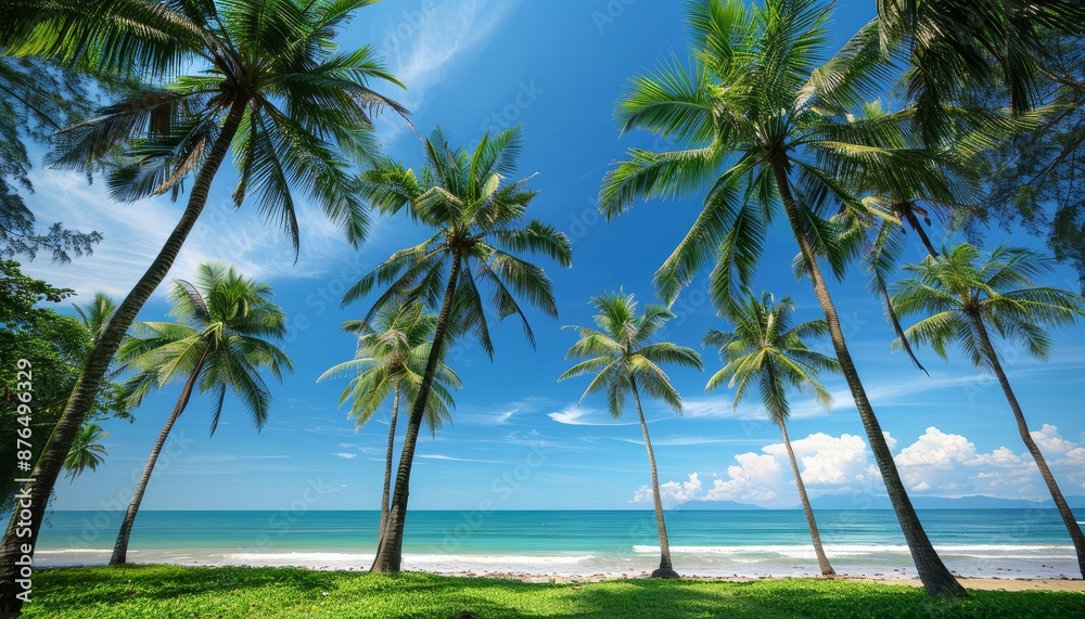 Tropical Palm Trees Lining a Serene Beachfront with Clear Blue Skies Tropical Palm Trees Lining a Serene Beachfront with Clear Blue Skies