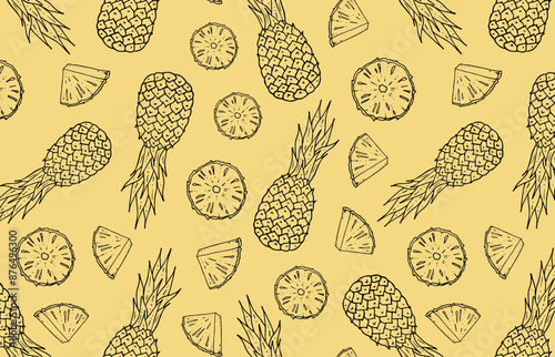 Pineapple pattern, vector seamless background of fresh pineapple fruits, hand-drawn, fabric print, gift paper