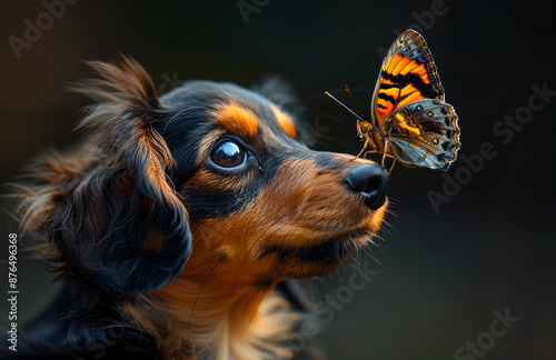 A dog is looking at a butterfly with its nose. The dog is brown and black photo