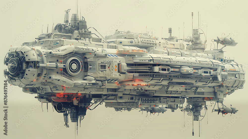 a large, intricate spacecraft with multiple levels of structures, including weaponry and engines. Against a pale background, it suggests advanced technology and futuristic design a large, intricate spacecraft with multiple levels of structures, including weaponry and engines. Against a pale background, it suggests advanced technology and futuristic design