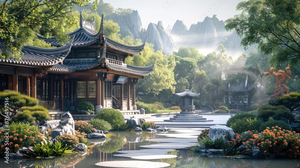 Fototapeta premium Ancient Chinese architecture, Large yard, smooth. Generative AI.