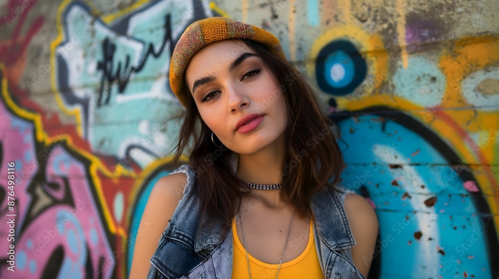 Fototapeta premium Urban Style Fashion Portrait Young Woman Graffiti Background