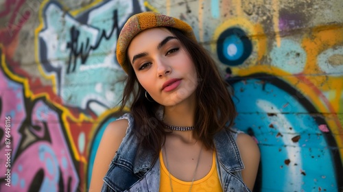 Urban Style Fashion Portrait Young Woman Graffiti Background