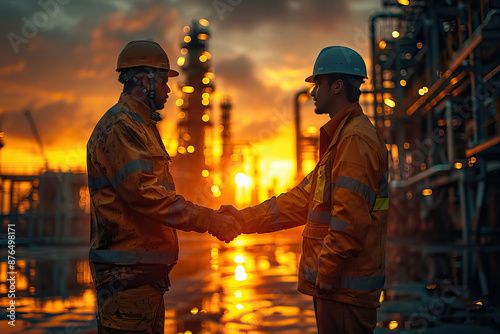 Workers Shaking Hands at Sunset. Generative AI © Golib Tolibov