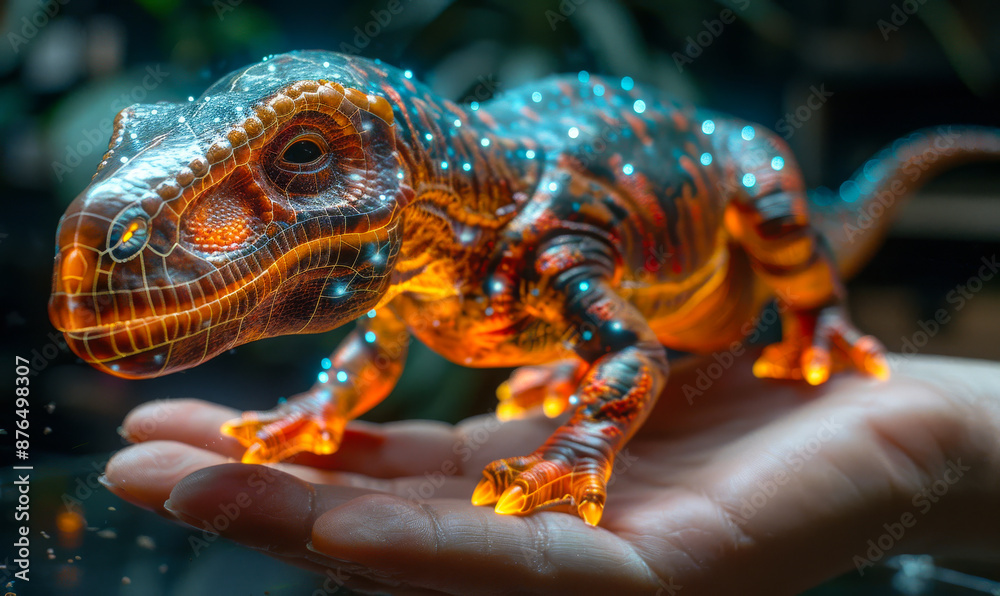 Fototapeta premium A hand holding a small, glowing, orange and black lizard