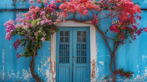 Fototapeta Naklejka Na Ścianę i Meble -  Colorful blooming bougainvillea in front of an old, blue house with peeling paint and cracked walls on the island. Generative AI.