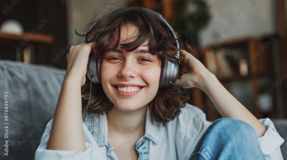 A young, short-haired woman with brown hair is sitting at home, smiling and listening to music on headphones. She is wearing blue jeans. This photo represents technology and lifestyle A young, short-haired woman with brown hair is sitting at home, smiling and listening to music on headphones. She is wearing blue jeans. This photo represents technology and lifestyle