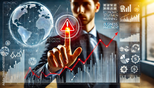 virtual world economic growth chart with a red risk alert, emphasizing caution in investing and highlighting business investment risks