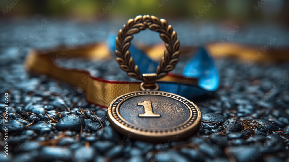 Closeup shot of a first place medal , winner award at Olympics, sports Closeup shot of a first place medal , winner award at Olympics, sports