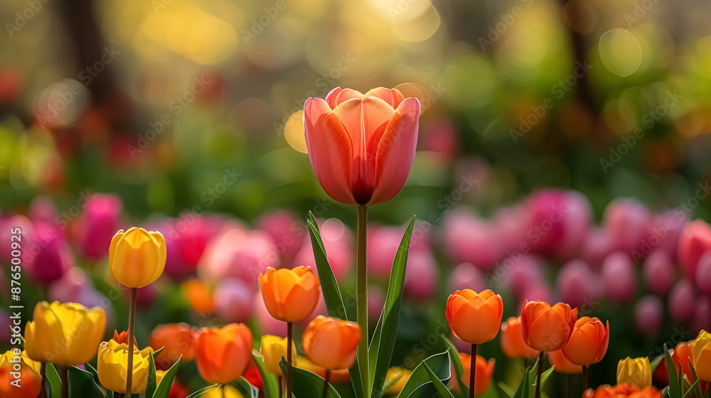 A pink tulip with water droplets on the petals, against a blurred background of soft pastel colors and bokeh lights. Captured in a close-up shot. A pink tulip with water droplets on the petals, against a blurred background of soft pastel colors and bokeh lights. Captured in a close-up shot.