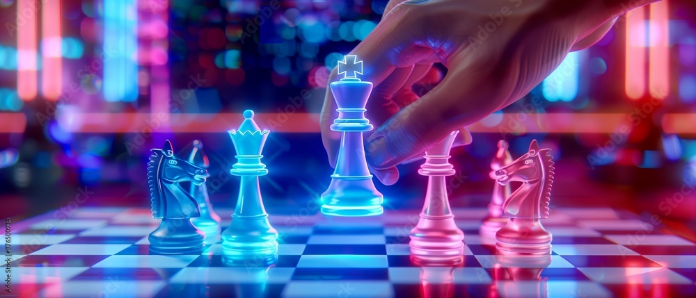 The images depict a futuristic chess game with neon-lit pieces virtual 3d  and a cyber aesthetic, highlighting strategic moves and a high-tech, glowing chessboard.