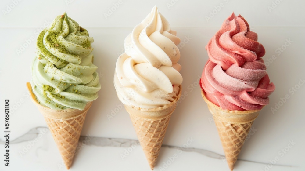 Three Ice Cream Cones in Strawberry, Matcha, and Vanilla Flavors