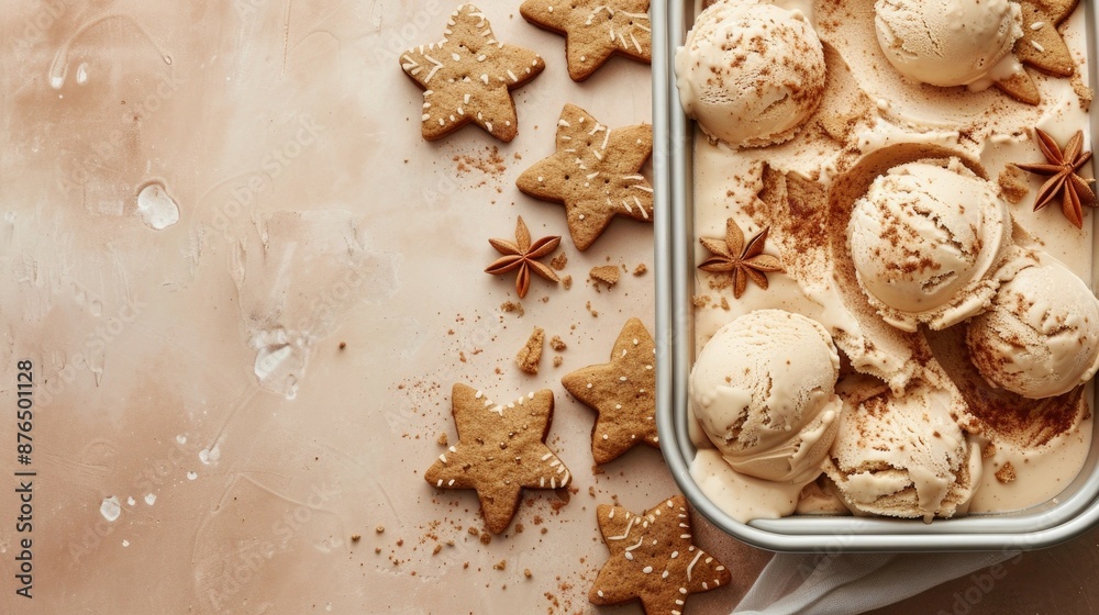 Delicious gingerbread ice cream topped with star anise, cinnamon, and gingerbread cookies, served in a white dish, perfect for a festive holiday treat Delicious gingerbread ice cream topped with star anise, cinnamon, and gingerbread cookies, served in a white dish, perfect for a festive holiday treat